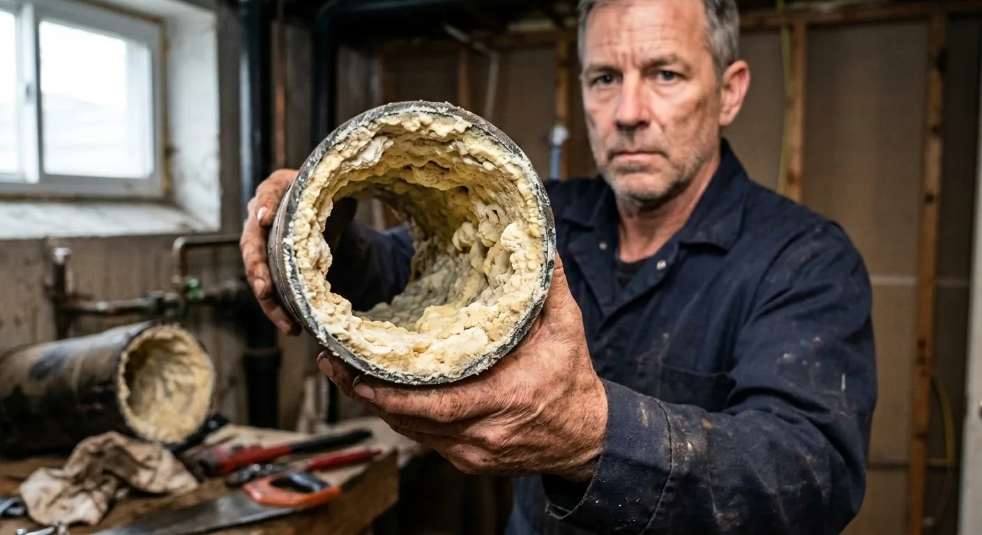 Master plumber Mike Sullivan holds up a cut-open drain pipe